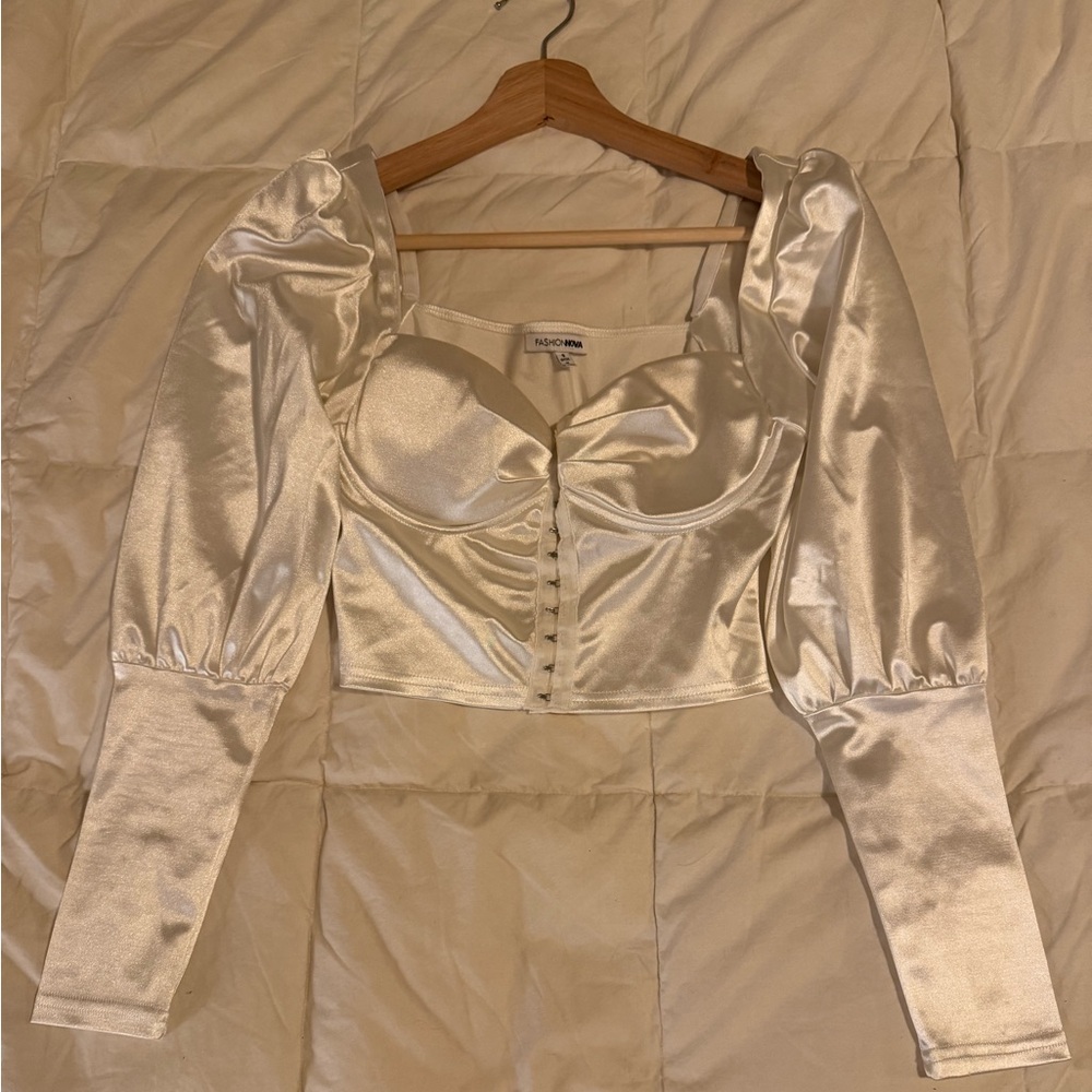 Fashion Nova Cream Satin Puff Sleeve Silk Top